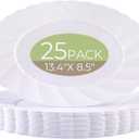 U-QE 25 Count Oval White Plastic Plates - 13.4 inch Large Disposable Plates Heavy Duty, Ideal for Party, BBQ, Picnic and Weddings