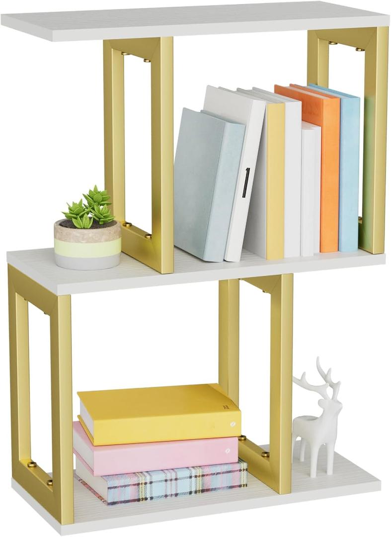 Book Shelf, 3-Tier Small Bookshelf for Desk Organizer Corner Bookshelf Table Top Shelving, White & Gold Decor Aesthetic Desk Hutch for Office Home Dorm