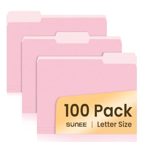 SUNEE File Folders Letter Size Pink, 100 Pack Manilla Folders 8.5 x 11 1/3-Cut Tabs, Colored File Folders Office Home School for Documents Files Paper