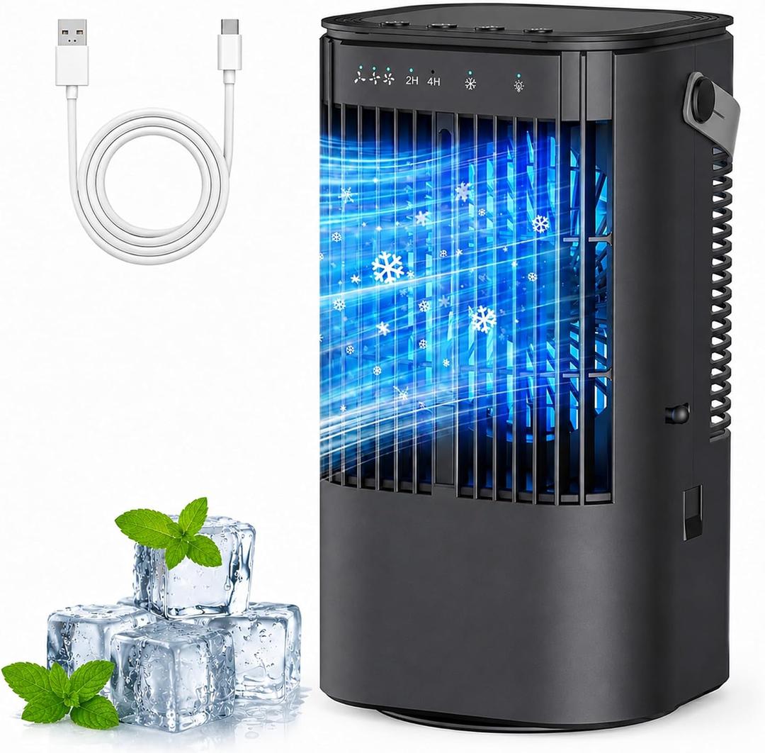 Portable Air Conditioners, 4-in-1 Mini Air Conditioner Evaporative Air Cooler, Portable AC with 1000ML Tank, 3 Speeds & 7-Color LED, Small Air Conditioner with Timer for Bedroom, Desktop, Home, Office
