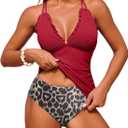 ZAFUL Womens Tankini Swimsuits Smocked 2 Piece Bathing Suits Modest Tie Back Swimwear (Red, M)