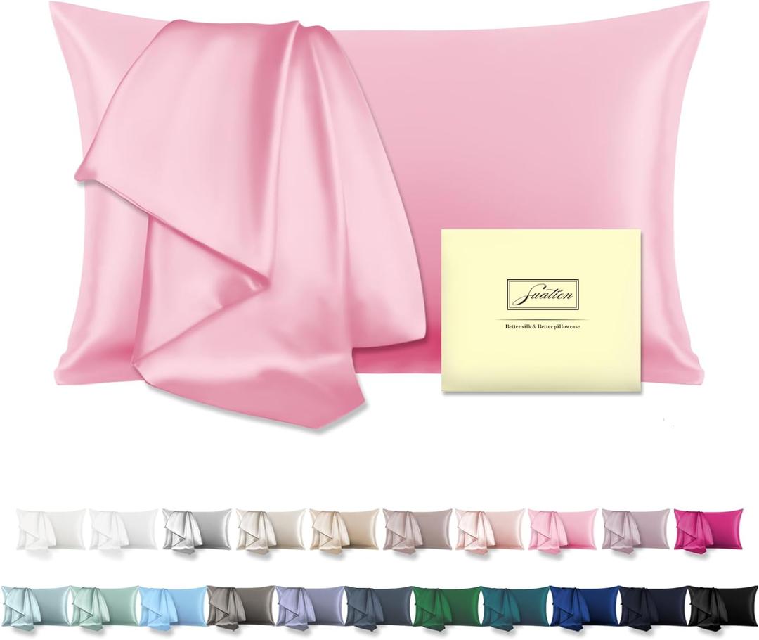 Mulberry Silk Pillowcase for Hair and Skin Standard Size 20"X 26" Pillow Case with Hidden Zipper Soft Breathable Smooth Cooling Silk Pillow Covers for Sleeping (Pink,Standard,1Pcs)