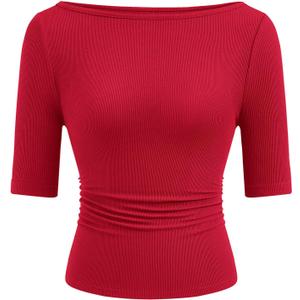 PRETTYGARDEN Womens Summer Short Sleeve Tops Boat Neck Ribbed Knit Slim Fit T Shirt Casual Basic Top 2026 Spring Clothes (Large, Red)