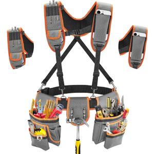 Tool Belt with Suspenders, Heavy-Duty 24-Pocket Work Belt for Electrician, Carpenter, Construction, Detachable & Adjustable Tool Pouch Bag for Men -Fits Waists 33"-48"
