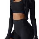Workout Sets for Women 3 Piece High Waisted Seamless Shorts Crop Top Jacket Gym Yoga Outfit Stretchy Sports Bra Sets.M