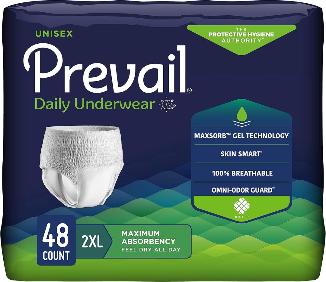 Prevail Daily Protective Underwear - Unisex Adult Incontinence Underwear - Disposable Adult Diaper for Men & Women - Maximum Absorbency - XX-Large - 12 Count (Pack of 4) (XX-Large , 12 Count (Pack of 4))