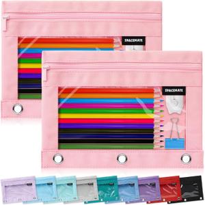 2 Pack Binder Pencil Pouch Case Box Bag for 3 Ring Binder School Supplies Girls Boys Kids, Clear Preppy Stuff Large Aesthetic Pen Organizer, Back to College Stationary, Light Pink