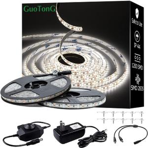 White LED Strip Lights, IP44 Waterproof 2835 LED Lights, 6000K 12V 65.6ft/20m Flexible Ribbon, Kitchen Cabinet Lighting, Outdoor/Indoor (White)