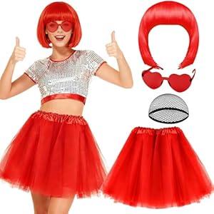PLULON Red Bob Wig with Tutus Heart Sunglasses for Women Costume, Fun Party Bob Wigs with Bangs Colored Hair 80s Fairy Tulle Tutu Skirt for Christmas Birthday Cosplay Fancy Dress Bachelorette Party, One Size