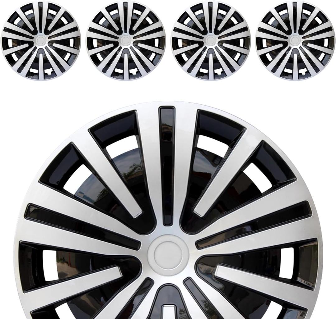 Hubcap Wheel Cover Replacement R15 Hub Caps Universal Wheel Rim Cover ABS Material Exterior Accessories Snap On Car Truck SUV -Set of 4 (15-Inch, Silver-Black)
