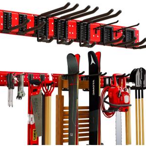 Garden Tool Organizer Wall Mount 48inch With 9 Hooks,Shovel Holder Wall Mount Ski Rck for Garage Garden Tool Rack Heavy Duty(Red)