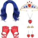 7 Sets Halloween Princess Costume Set Blue Wig Crown Heart Necklace Earring Gloves for Halloween Cosplay Accessories