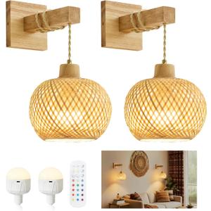 Bamboo Battery Operated Wall Sconces Set of 2, Rechargeable Rattan Cordless Battery Powered Wall Lights/Lamps with Remote, Woven Boho Wireless Decor Lighting Fixture for Living Room Bedroom (Wood)