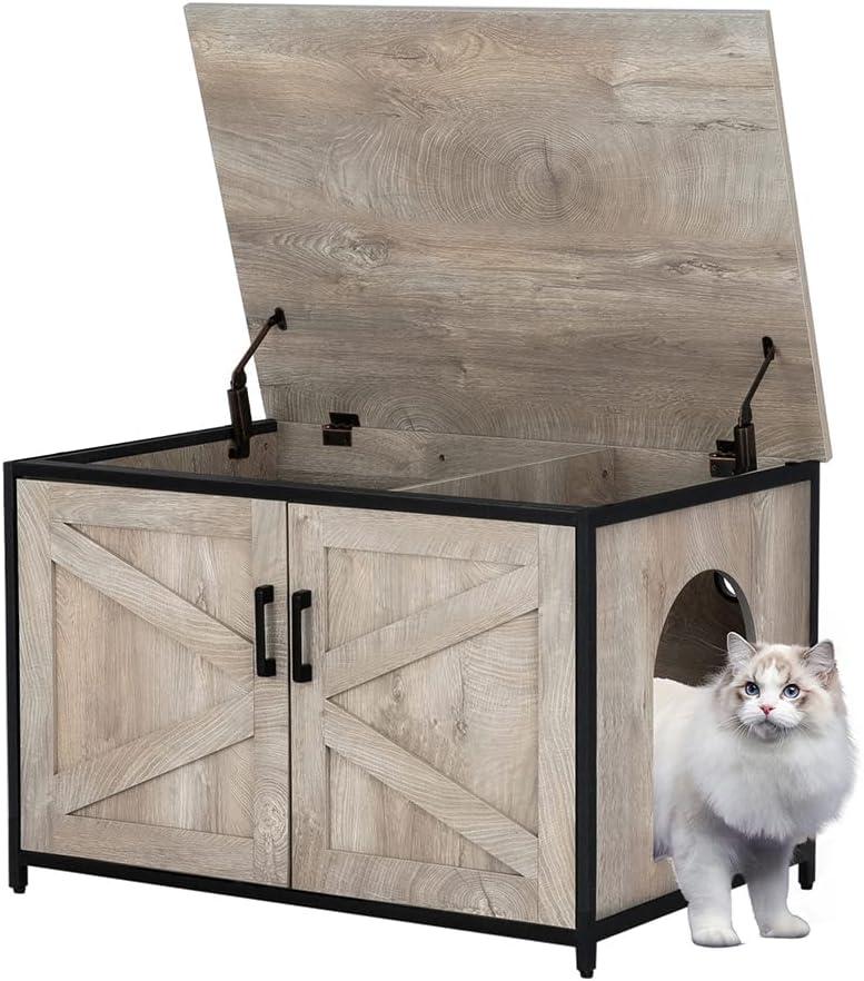 unipaws Top Opening Cat Litter Box Enclosure, Flip Top XL Extra Large Cat Box Furniture, Friendly to Elderly People, High Jumbo Automatic Litter Box Cover Hidden for Large Cat (Weathered Grey)