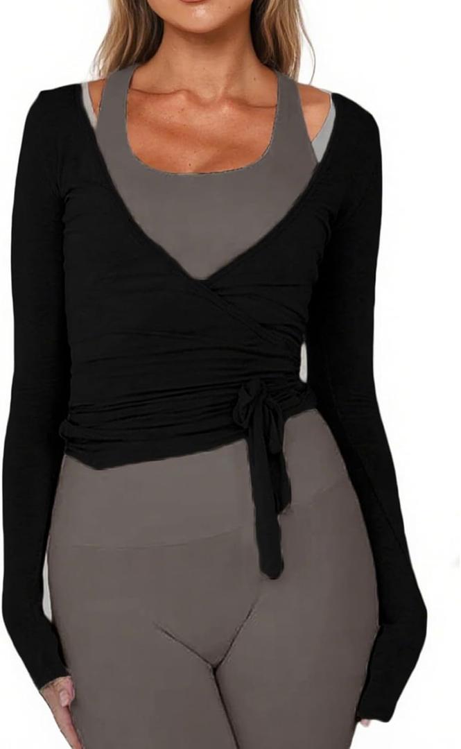 Women's Wrap Tie Top Y2k Long Sleeve Ballet Workout Yoga Shirt Coquette Blouses (Black, L)