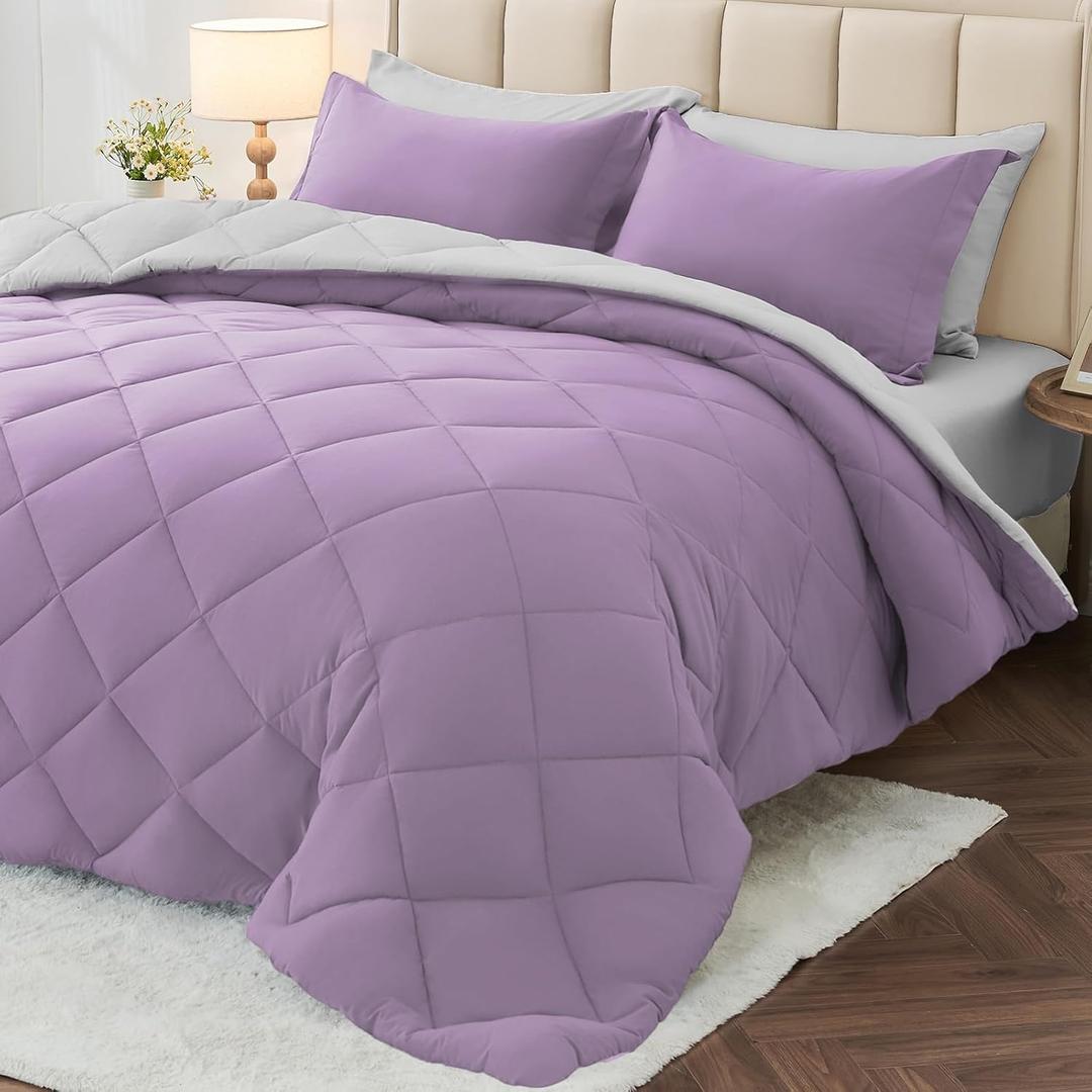 MUXHOMO 7 Pieces California King Comforter Set, Reversible Bed in a Bag Cal King Size, All Season Bedding Set with Comforter, Flat Sheet, Fitted Sheet, Pillowcases & Shams, Greyish Purple & Light Grey