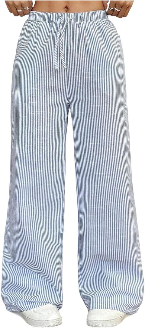 Girl's Striped Wide Leg Baggy Pants Elastic Waist Casual Long Trousers with Pockets (Blue)