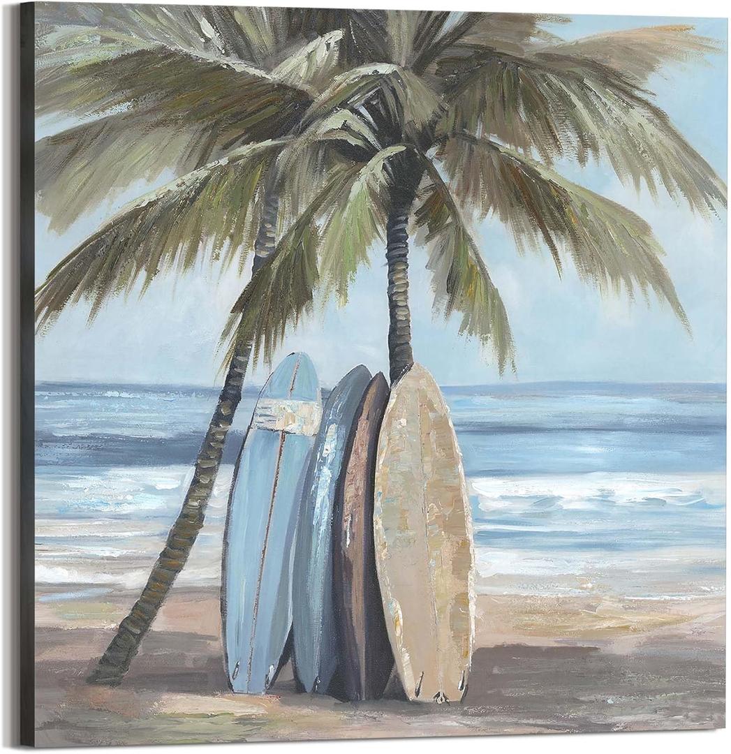 Coastal Canvas Wall Art Picture: Abstract Beach Scene Tropical Print Surfboard Palm Tree Painting Ocean Sea Artwork Decor for Bedroom Home Office 24 x 24 Inch