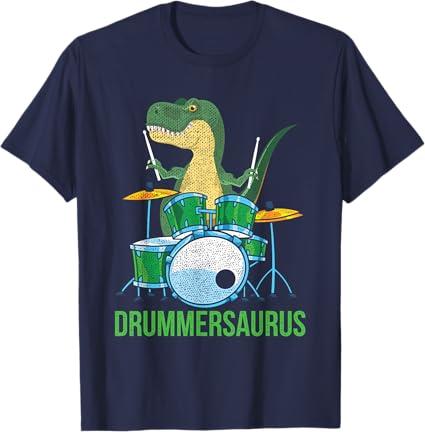 Funny Dinosaur Musician T Rex Drummer Boys Gift Drums T-Shirt Small, Navy Blue, M