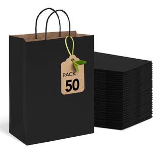 MESHA Gift Paper Bags Black 10x5x13 Inches 50pcs Medium Gift Bag with Handles, Bulk Black Kraft Paper Bag for Small Business Shopping Bags for Grocery,Wedding Party Favor