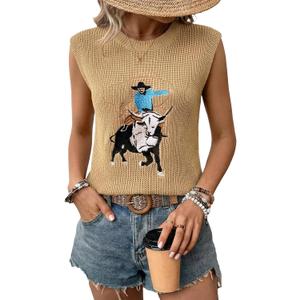 SHEWIN Women Summer Sweater Vest Sleveless Printed Tops Business Casual 2026 (Beige, S)