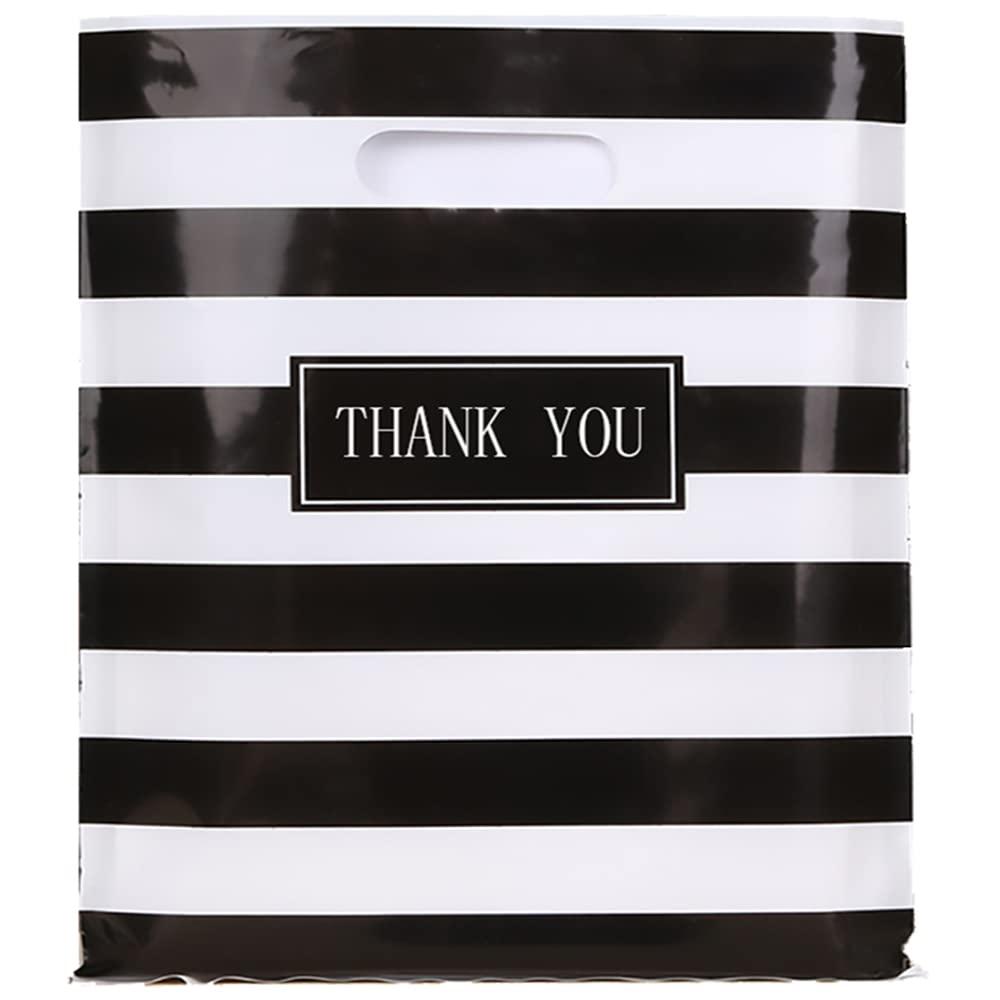 100pcs 16x18in Large Black and White Stripes Thank You Merchandise Bags,Die Cut Plastic Shopping Bags with Handle for Boutique,Party,Goodie,Stores,Clothes, Reusable Retail Bag for Bussiness