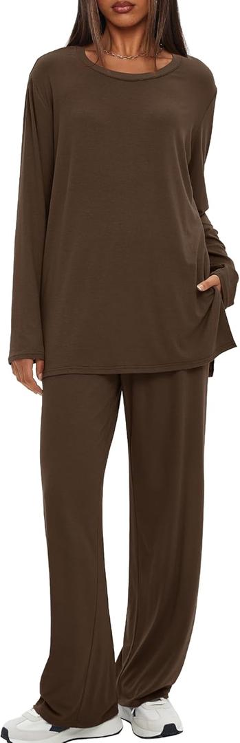 Darong Women's 2 Piece Lounge Set Casual Long Sleeve Crew Neck Tops Wide Leg Pants Travel Airport Outfit Matching Sets (Medium, Brown(regular))