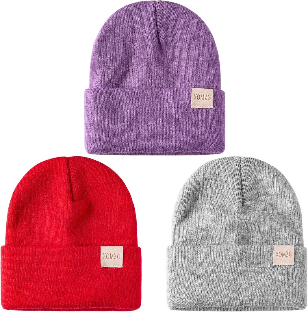 2 x Toddler Beanie Kids Winter Hats Infant Warm Knit Cap Newborn Winter Warm Hat for 0-36 Month Boys Girls (Purple+red+gray)