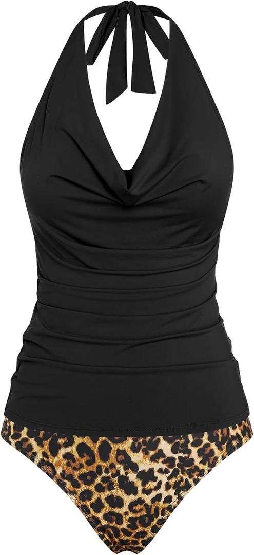 ZAFUL Women's Halter Two Piece Tankini Swimsuit Cowl Neck Swim Tank Top High Waisted Tummy Control Bathing Suits (Medium, 0-black Leopard)