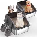 2PACK Stainless Steel Cat Litter Box,Large Litter Box with High Sides for Multiple Cats,Kittens,Metal Kitty Litter Boxes with Anti-Leak Lid,Non-Stick,Odorless,Easy to Clean,Scoop Included