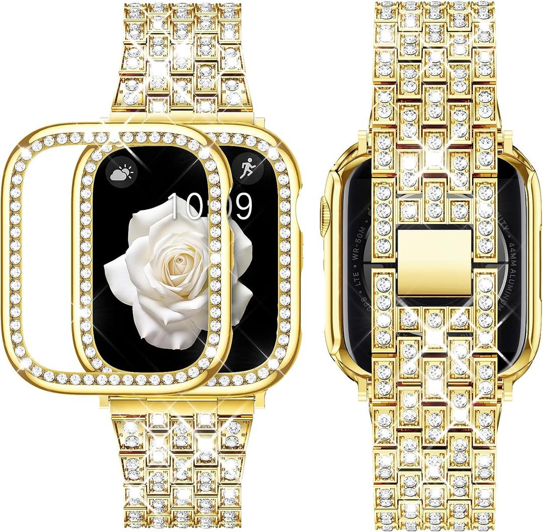 Supoix Compatible with Apple Watch Band Size: 40mm (Series 6/5/4/SE) Case, Women Jewelry Bling Diamond Rhinestone Replacement Metal Bands & 2 Pack PC Protector Case for iWatch Ultra 3/2/1 Series 11/10/9/8/7/6/5/4/3/2/1/SE