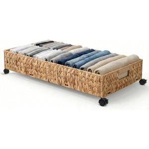 Under Bed Storage with Wheels, 31.5in / 37L Large Handwoven Water Hyacinth Under Bed Shoe Storage Organizer Drawer, Tool-free Assembly Rolling Storage Containers for Bedroom Clothes Shoes Blankets