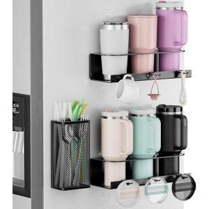 OVICAR Magnetic Cup Holder for Stanley 20/30/40oz - 2 Pack Tumbler Organizer for Refrigerator - Water Bottle Organizer with Straw Basket & 6 Hooks Tumbler Cup Lids Accessories Storage Black