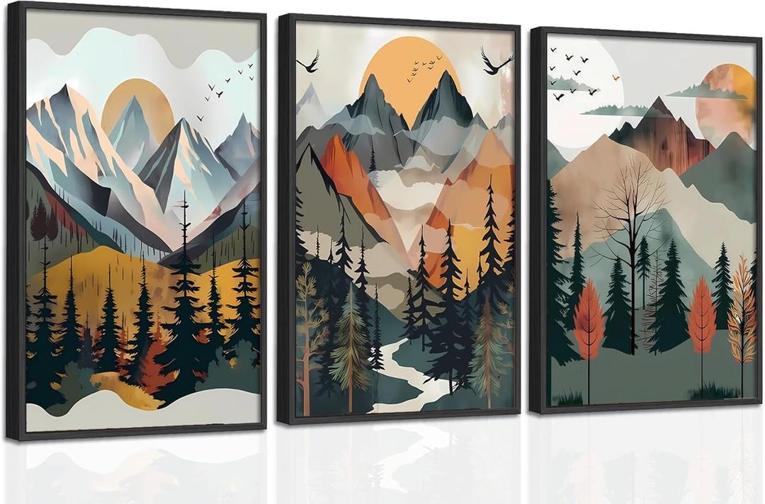 Mountain Canvas Wall Art Set of 3, Boho Sun Forest Abstract Nature Landscape Artwork Wall Decor, Watercolor Posters Prints Painting Picture Artwork for Living Room Bedroom Office 12 x16 In Unframed