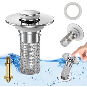 Sink Stopper Hair Catcher, Pop-up Sink Drain Strainer with Removable Stainless Steel Strainer Basket Hair Catcher, Bathroom Sink Strainer for Bathroom Sink Stopper Replacement. (1PCS) (1PCS)
