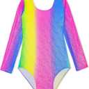 Domusgo Girls Gymnastics Leotards Long Sleeve Bodysuits Shiny Colorful One Piece Tumbling Outfits, 130