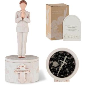 Storieme First Communion Gifts for Boys: 1st Holy Communion Decorations Keepsake Box with Rosary Cross Bracelet - Christian Religious Catholic Present for Baptism Confirmation