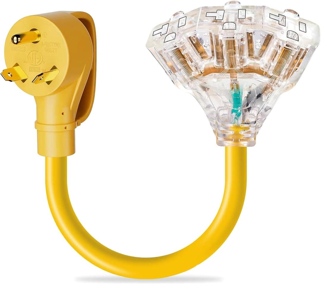 30 Amp to 110V 20 Amp RV Power Adapter, NEMA TT-30P Male to 3x5-15R/20R Household Outlets Splitter with LED Indicator, 3-Way 120V Electrical Y Adapter for RV Camping, Trailers, Home Garage Use