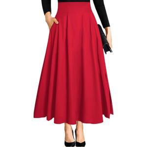 RANPHEE Women's Ankle Length High Waist A-line Flowy Long Maxi Skirt with Pockets (Mid-red, Large)