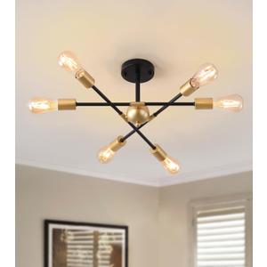 MEIXISUE Modern Semi Flush Mount Ceiling Light Fixture Black and Gold Close to Ceiling Light 6-Light Sputnik Chandelier Light Fixture for Hallway Entryway Bedroom Kitchen Dining Room UL Listed