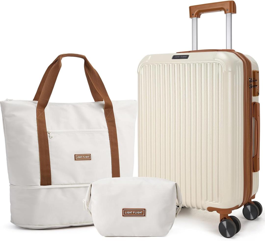 LIGHT FLIGHT 3-Piece Luggage Sets, Expandable Carry On Suitcase, Beige | Durability, Spinner Wheels, Hardside Lightweight, TSA Lock, Durable, PC+ABS, Mobility,