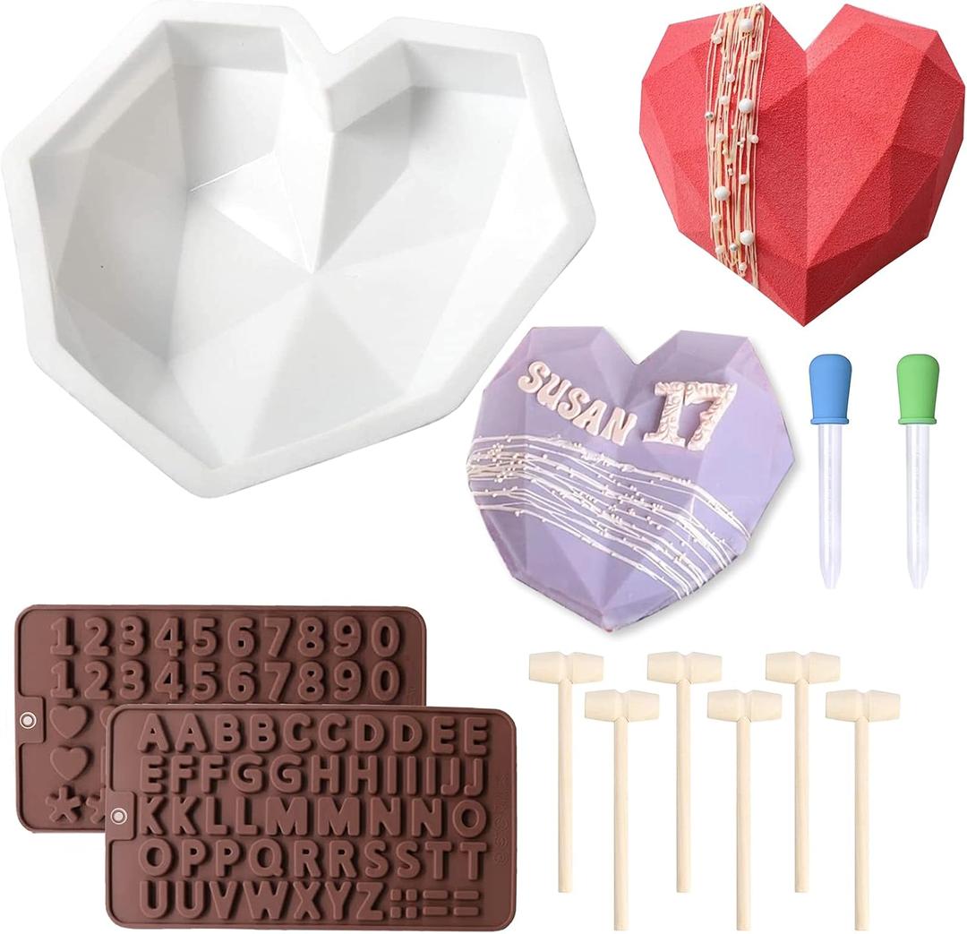 Chocolate Mold Set,Chocolate Heart Molds,Breakable Heart Mold with Hammer,Number and Letter Molds for Cake Decoration Candy Making-Suitable for Various Festivals