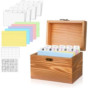 MOBYKE Index Card Holder 3x5, wooden Origanizer Recipe Box with 100 PCS Flash cards, 30 White Dividers, 1 Blank Sticker and 1 Letter Sticker, Flashcard Notecard Holders for Home Office (colorful)