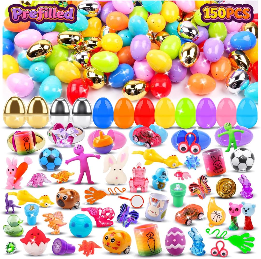 150 PCS Prefilled Easter Eggs with Toys,Filled Easter Eggs with Toys Inside,Easter Basket Stuffers for Kids,Prefilled Eggs for Easter Egg Hunt,Easter Party Favors for Kids Classroom Prizes