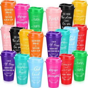 Skylety 20 Pack Christian Gifts for Men Women 16oz Reusable Bible Verse Tumbler Bulk Plastic Coffee Cup with Lid Inspirational Religious Church Gift for Mother Father Birthday (Rainbow Color)