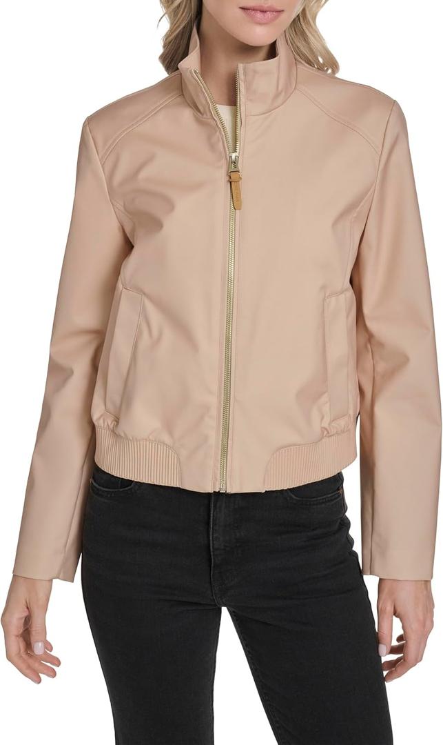 Cole Haan Women's Pin Stripe Rain Bomber Jacket, Light Sand, Large