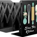 Cookbook bookends, Kitchen bookends, Adjustable Metal Book Ends for Shelves Decorative Unique Design for Heavy Books,Non-Skid Book Holder for Kitchen Housewarming Cooking Lover Gifts (Black 2)