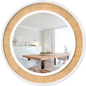 Round Rattan Mirror, 24" Circle Wall Mirror, Farmhouse Wooden Vanity Mirror with Handmade Wicker Frame, Decorative Boho Mirror for Nursery Bedroom Living Room Entryway White