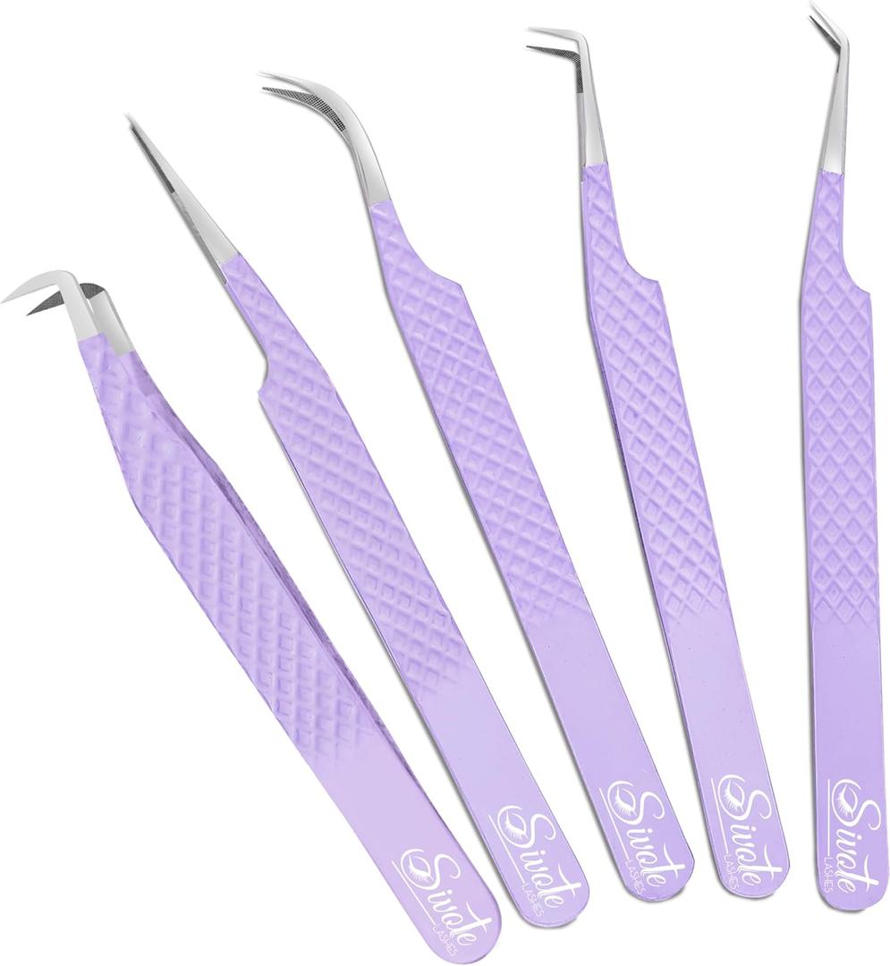 SIVOTE Lash Tweezers for Eyelash Extensions, Pack of 5 Purple  Lash Extension Tweezers Set with Diamond Grip, Precision Fiber Tip for Volume Eyelash Extensions