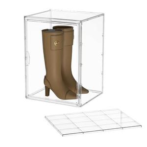 Attelite XXX-Large Clear Display Case Stackable Plastic Storage Bins with Lid, 2 Tiers Boot Shoe Box Organizers with an Adjustable Divider, Big Acrylic Display Storage Box with Magnetic Door